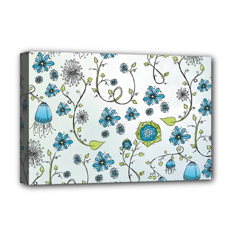 Blue Whimsical Flowers  On Blue Deluxe Canvas 18  X 12  (framed) by Zandiepants