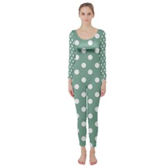 Mint Green Polka Dots Long Sleeve Catsuit by GardenOfOphir