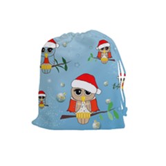 Funny, Cute Christmas Owls With Snowflakes Drawstring Pouches (large)  by FantasyWorld7