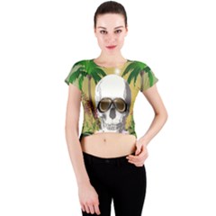 Funny Skull With Sunglasses And Palm Crew Neck Crop Top by FantasyWorld7