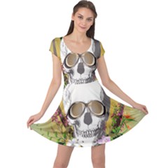 Funny Skull With Sunglasses And Palm Cap Sleeve Dresses by FantasyWorld7