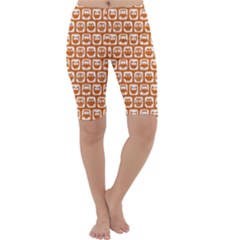 Orange And White Owl Pattern Cropped Leggings by GardenOfOphir