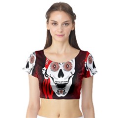 Funny Happy Skull Short Sleeve Crop Top by FantasyWorld7