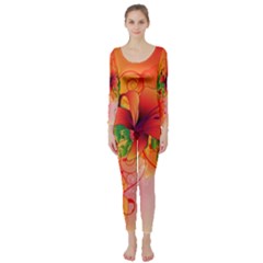 Awesome Red Flowers With Leaves Long Sleeve Catsuit by FantasyWorld7