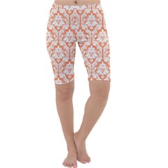 White On Orange Damask Cropped Leggings by Zandiepants