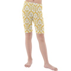 White On Sunny Yellow Damask Kid s Mid Length Swim Shorts by Zandiepants