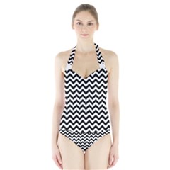 Black And White Zigzag Women s Halter One Piece Swimsuit by Zandiepants