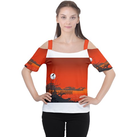 Tropical Birds Orange Sunset Landscape Women s Cutout Shoulder Tee by WaltCurleeArt