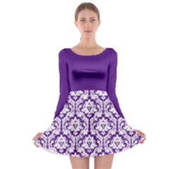 Royal Purple And White Damask Pattern Long Sleeve Skater Dress by Zandiepants