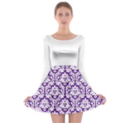 Royal Purple And White Damask Pattern Long Sleeve Skater Dress by Zandiepants