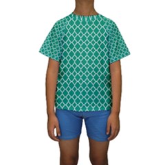 Emerald Green Quatrefoil Pattern Kid s Short Sleeve Swimwear by Zandiepants