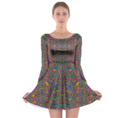 Peacock Eyes In A Contemplative Style Long Sleeve Skater Dress by pepitasart