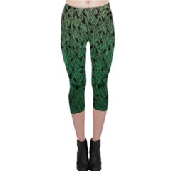 Green Ombre Feather Pattern, Black, Capri Leggings  by Zandiepants