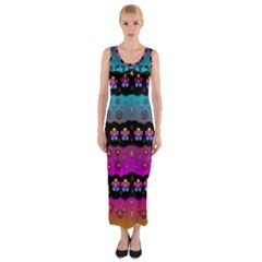 Rainbow  Big Flowers In Peace For Love And Freedom Fitted Maxi Dress by pepitasart