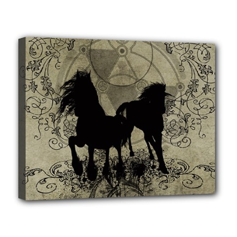 Wonderful Black Horses, With Floral Elements, Silhouette Canvas 14  X 11  by FantasyWorld7