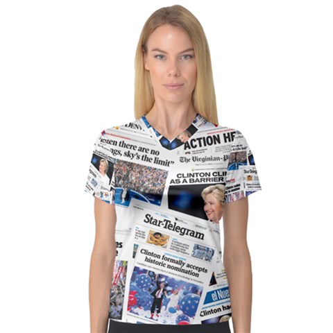 Hillary 2016 Historic Newspaper Collage Women s V-neck Sport Mesh Tee by blueamerica