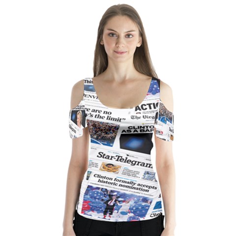 Hillary 2016 Historic Newspaper Collage Butterfly Sleeve Cutout Tee  by blueamerica