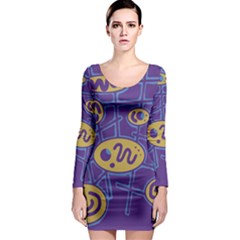 Purple And Yellow Abstraction Long Sleeve Bodycon Dress