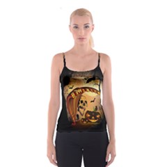 Halloween, Funny Pumpkin With Skull And Spider In The Night Spaghetti Strap Top by FantasyWorld7