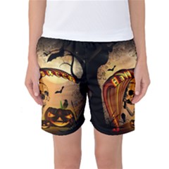 Halloween, Funny Pumpkin With Skull And Spider In The Night Women s Basketball Shorts by FantasyWorld7