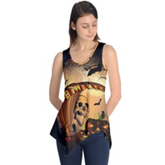 Halloween, Funny Pumpkin With Skull And Spider In The Night Sleeveless Tunic by FantasyWorld7