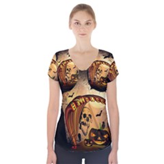 Halloween, Funny Pumpkin With Skull And Spider In The Night Short Sleeve Front Detail Top by FantasyWorld7