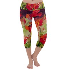 Abstact Poppys Art Print Capri Yoga Leggings by artistpixi