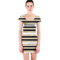 Gold Glitter, Black And White Stripes Short Sleeve Bodycon Dress by LisaGuenDesign