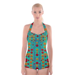 Pumkins Dancing In The Season Pop Art Boyleg Halter Swimsuit  by pepitasart