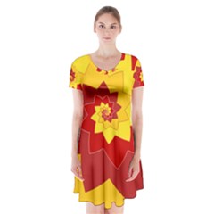 Flower Blossom Spiral Design  Red Yellow Short Sleeve V-neck Flare Dress by designworld65