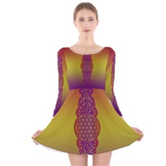 Flower Of Life Vintage Gold Ornaments Red Purple Olive Long Sleeve Velvet Skater Dress by EDDArt