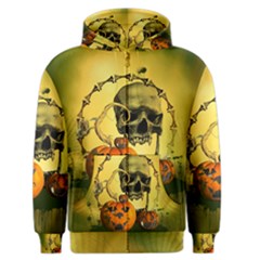 Halloween, Funny Pumpkins And Skull With Spider Men s Zipper Hoodie by FantasyWorld7