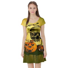 Halloween, Funny Pumpkins And Skull With Spider Short Sleeve Skater Dress by FantasyWorld7