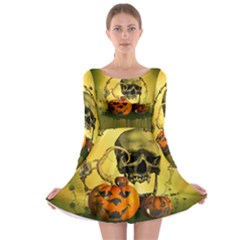 Halloween, Funny Pumpkins And Skull With Spider Long Sleeve Skater Dress by FantasyWorld7