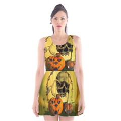 Halloween, Funny Pumpkins And Skull With Spider Scoop Neck Skater Dress by FantasyWorld7