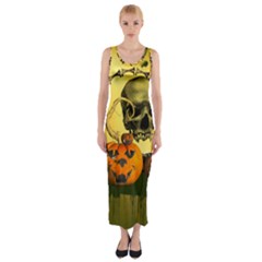 Halloween, Funny Pumpkins And Skull With Spider Fitted Maxi Dress by FantasyWorld7