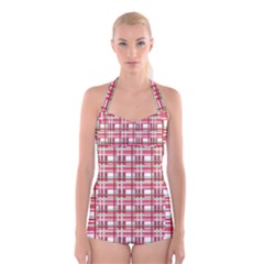 Red Plaid Pattern Boyleg Halter Swimsuit  by Valentinaart