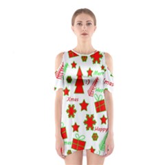 Red And Green Christmas Pattern Cutout Shoulder Dress by Valentinaart