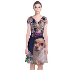 Chi Chi In Butterflies, Chihuahua Dog In Cute Hat Short Sleeve Front Wrap Dress by DianeClancy