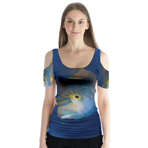 Fish Blue Animal Water Nature Butterfly Sleeve Cutout Tee  by Amaryn4rt