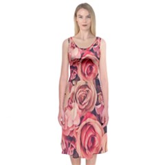 Beautiful Pink Roses  Midi Sleeveless Dress by Brittlevirginclothing