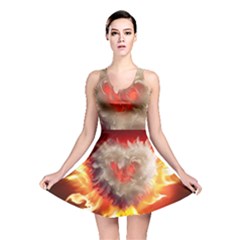 Arts Fire Valentines Day Heart Love Flames Heart Reversible Skater Dress by Nexatart