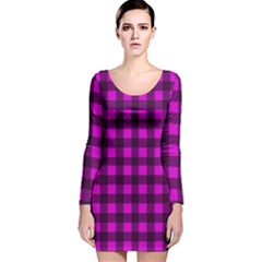 Magenta And Black Plaid Pattern Long Sleeve Velvet Bodycon Dress by Valentinaart