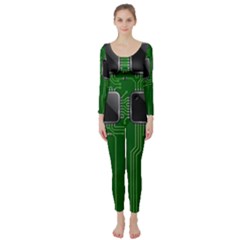 Green Circuit Board Pattern Long Sleeve Catsuit by Nexatart