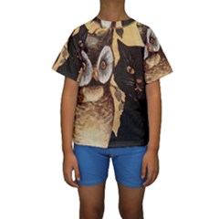 Owl And Black Cat Kids  Short Sleeve Swimwear by Nexatart