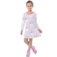 Pattern Cat Pink Cute Sweet Fur Kids  Long Sleeve Velvet Dress by Amaryn4rt