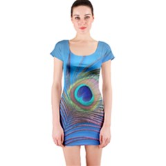 Peacock Feather Blue Green Bright Short Sleeve Bodycon Dress by Amaryn4rt