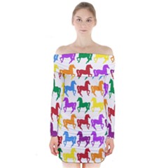 Colorful Horse Background Wallpaper Long Sleeve Off Shoulder Dress by Amaryn4rt