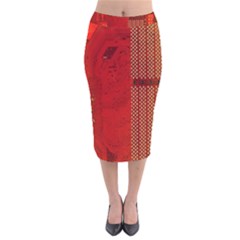 Computer Texture Red Motherboard Circuit Velvet Midi Pencil Skirt by Simbadda