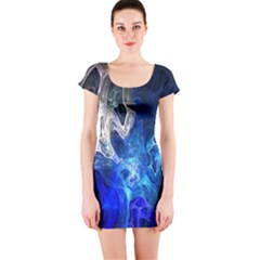 Ghost Fractal Texture Skull Ghostly White Blue Light Abstract Short Sleeve Bodycon Dress by Simbadda